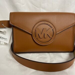 Michael Kors Tan Leather Crossbody Belt Bag MK Monogram Size L/XL New with Tag